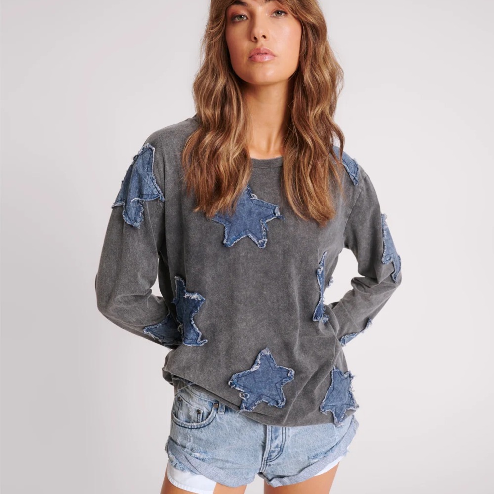 One Teaspoon Free People Gray Long Sleeve Top with denim blue  Star Accents